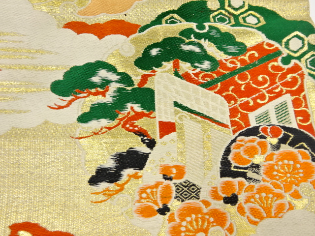JAPANESE KIMONO / ANTIQUE NAGOYA OBI / WOVEN CARRIAGE & KIKU